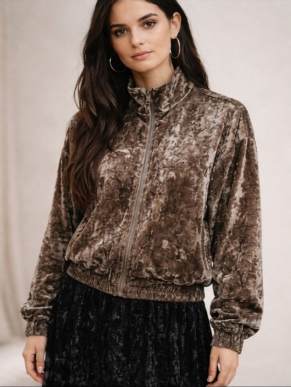 Crushed Velvet Taupe Jacket casual Zip Front Lightweight Bomber Jacket Sz M